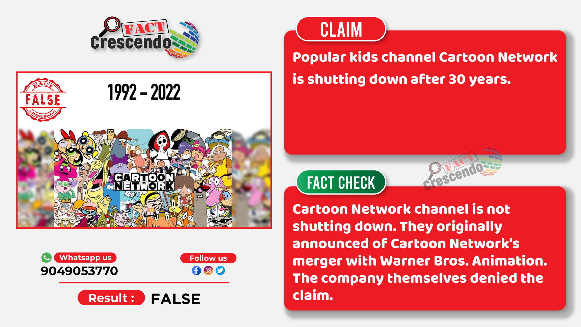 Popular kids channel Cartoon Network is NOT shutting down. Fact