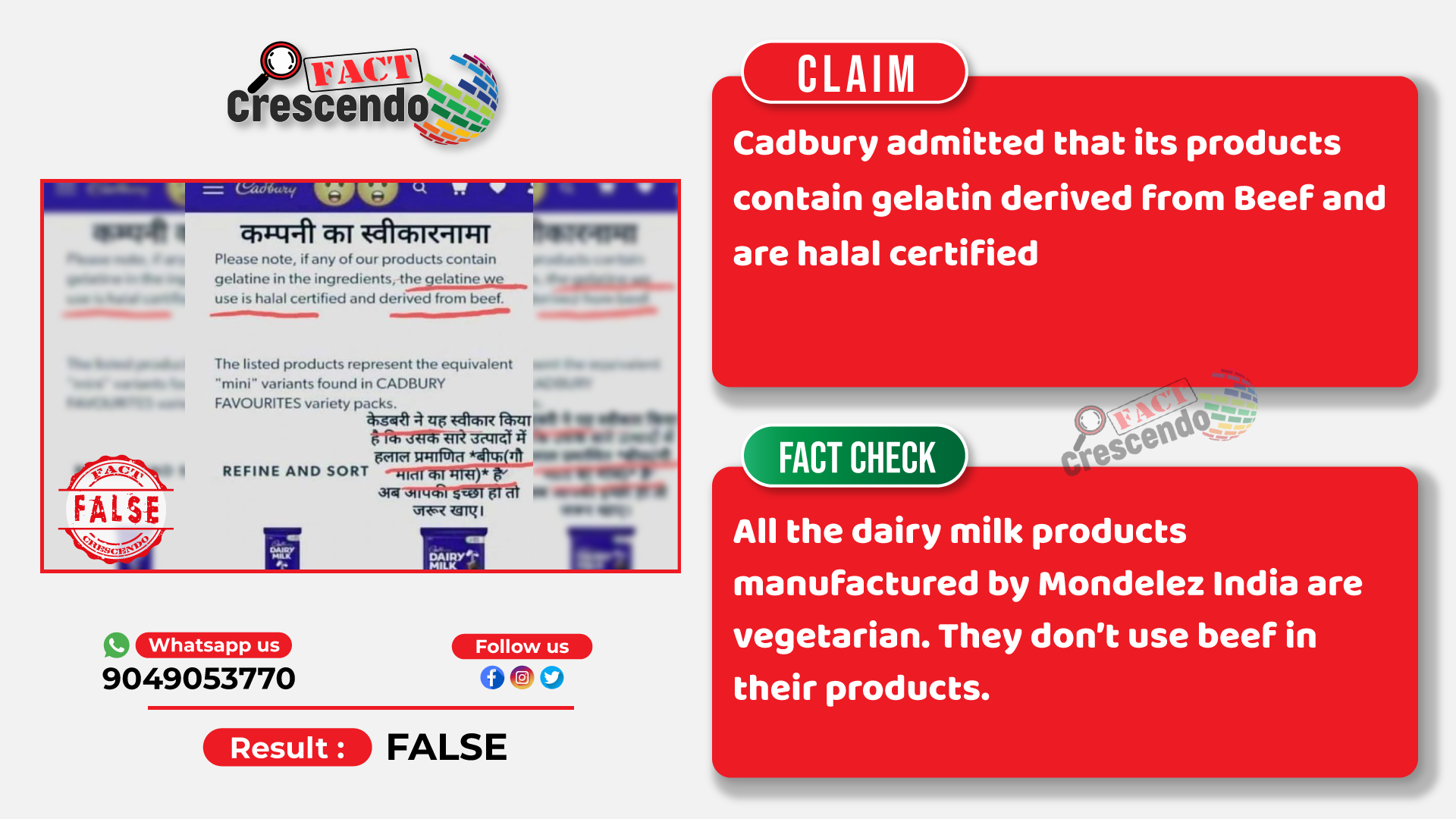 Graphic claiming the use of beef in Cadbury Dairy Milk product is fake.